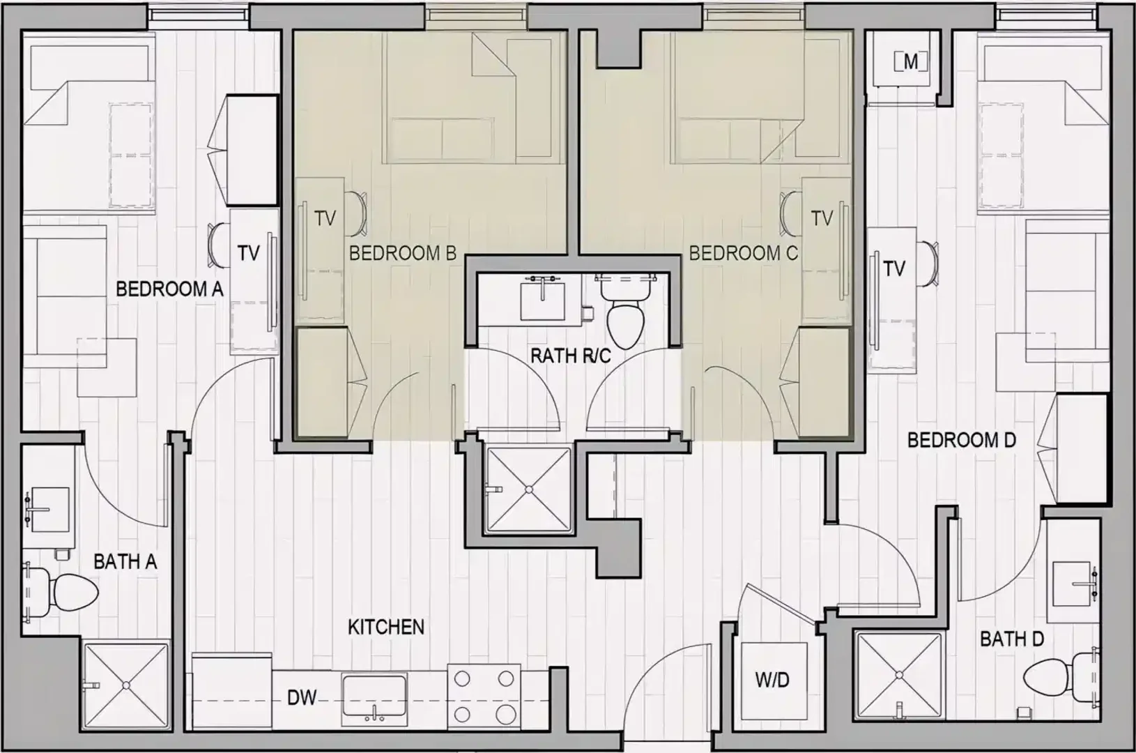 Quarto de estudante confortável e espaçoso em 