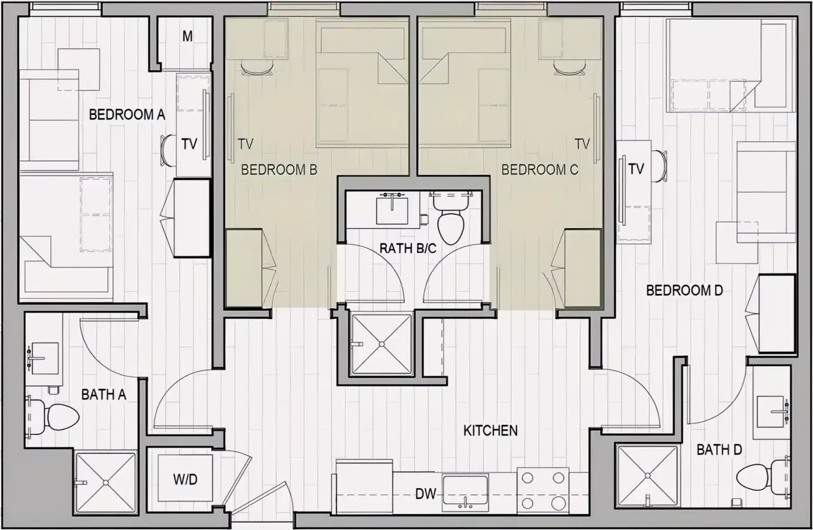 Quarto acessível para estudantes com iluminação ampla em 