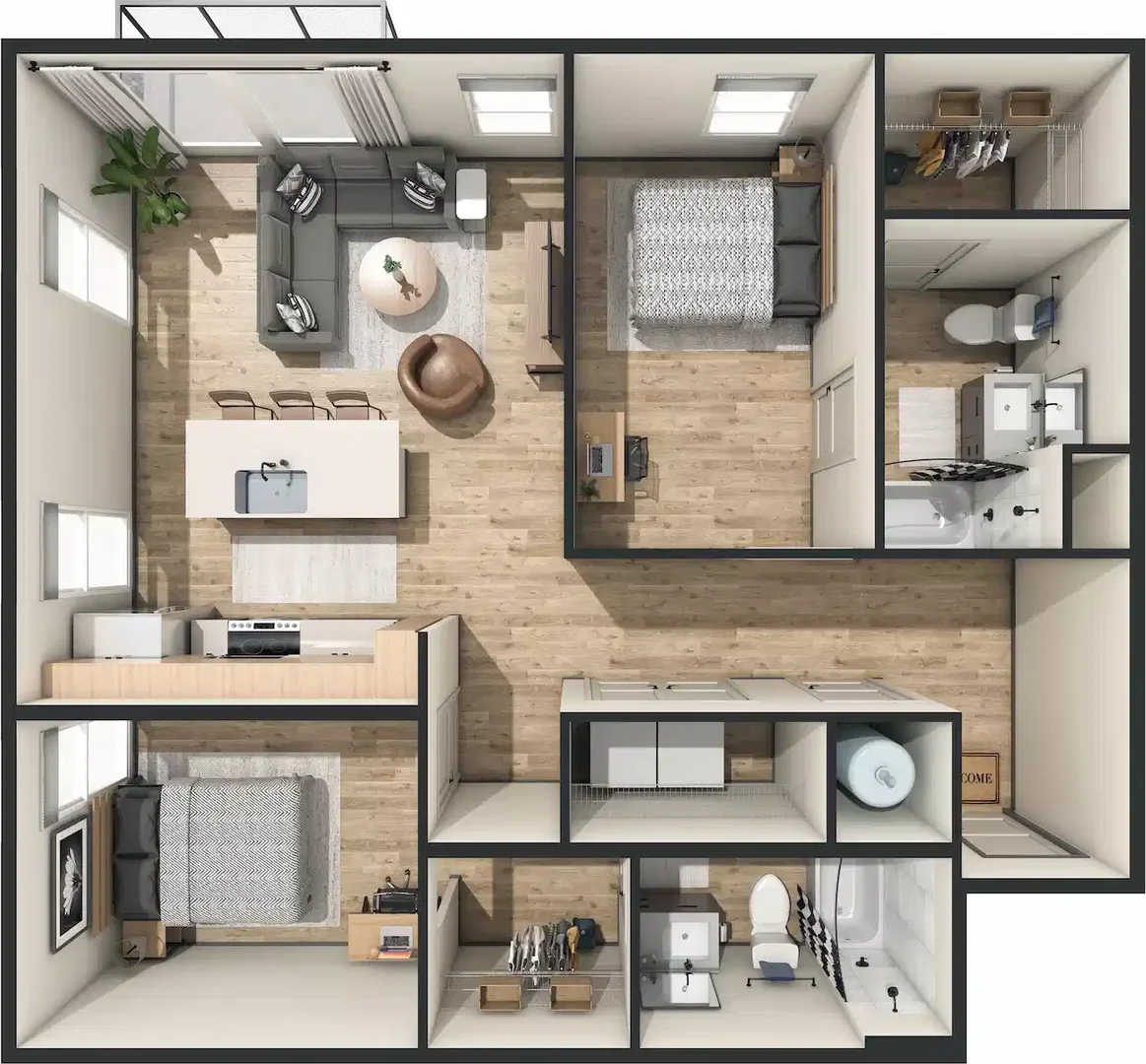 Quarto acessível para estudantes com iluminação ampla em 