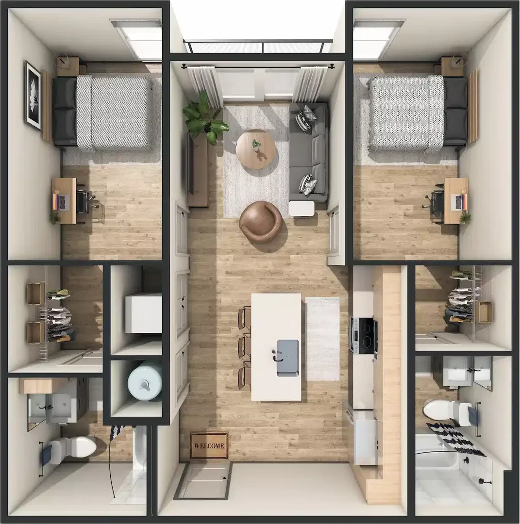 Quarto de estudante luminoso e arejado com acesso fácil à universidade em 