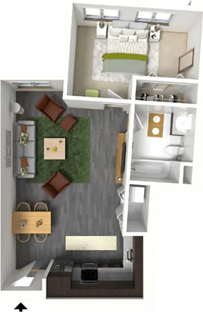 Quarto de estudante em com área de estudo e instalações partilhadas