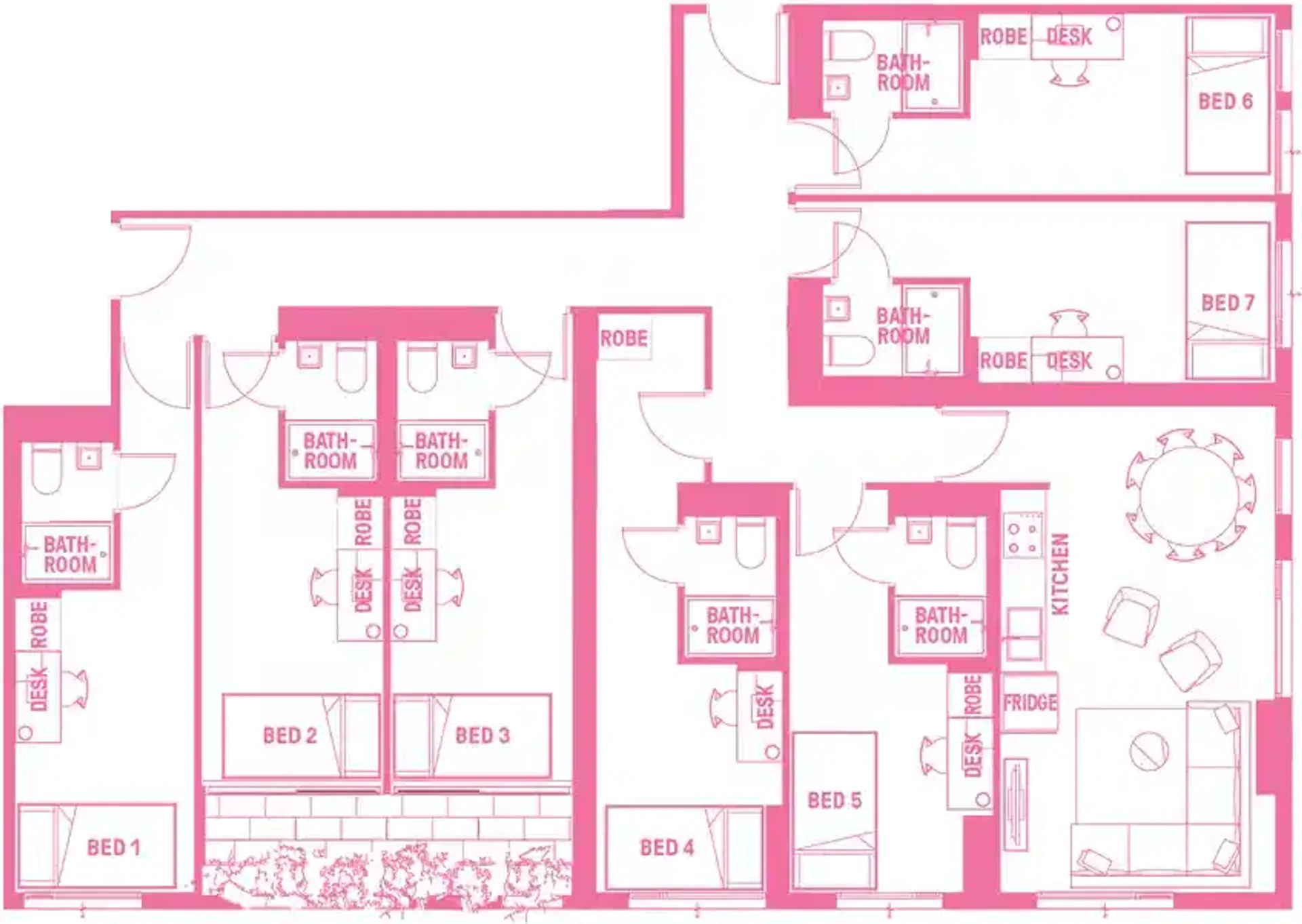 Studentenzimmer in  mit Arbeitsbereich und Gemeinschaftseinrichtungen
