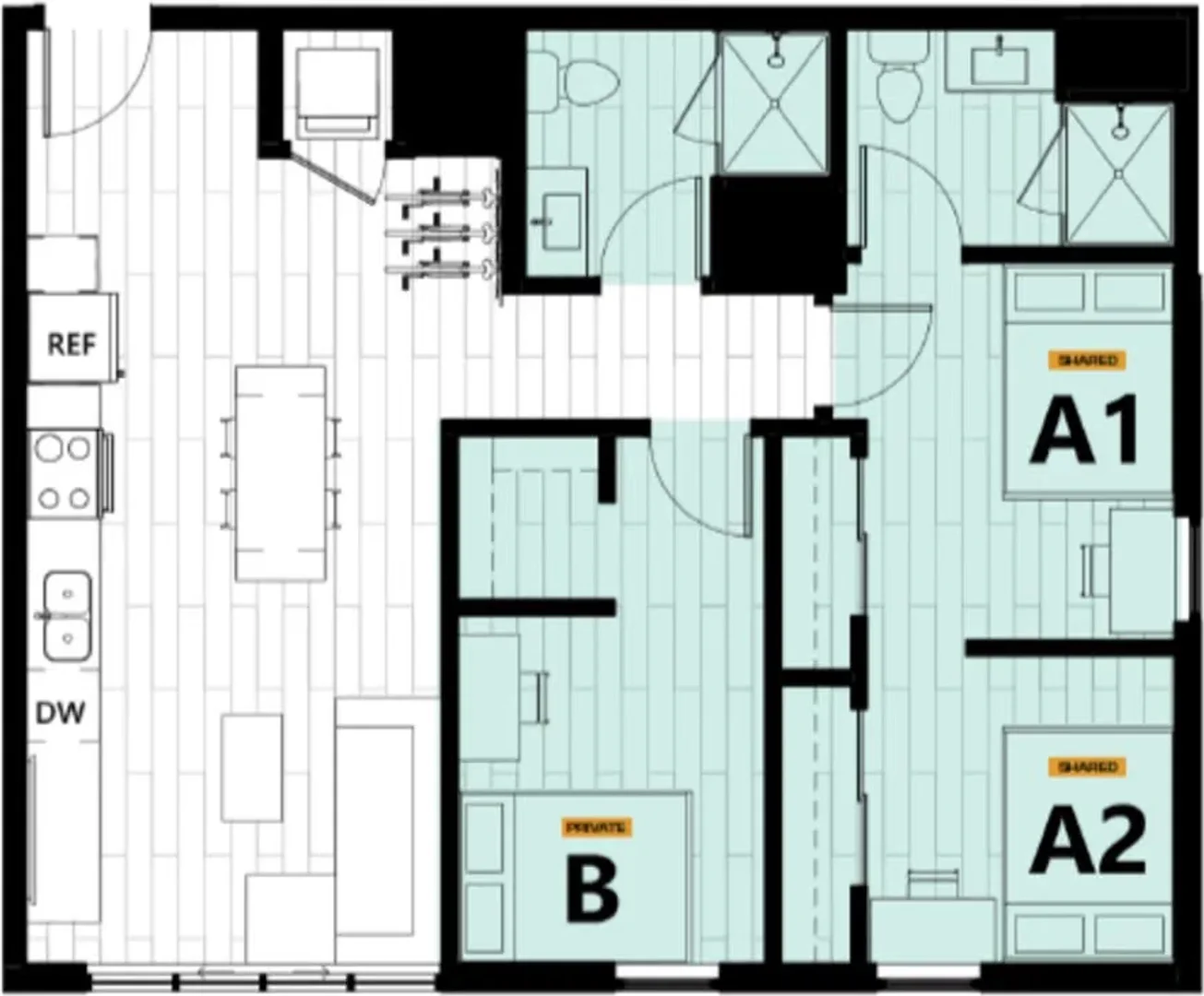 Chambre d'étudiant à  avec espace d'étude et installations communes