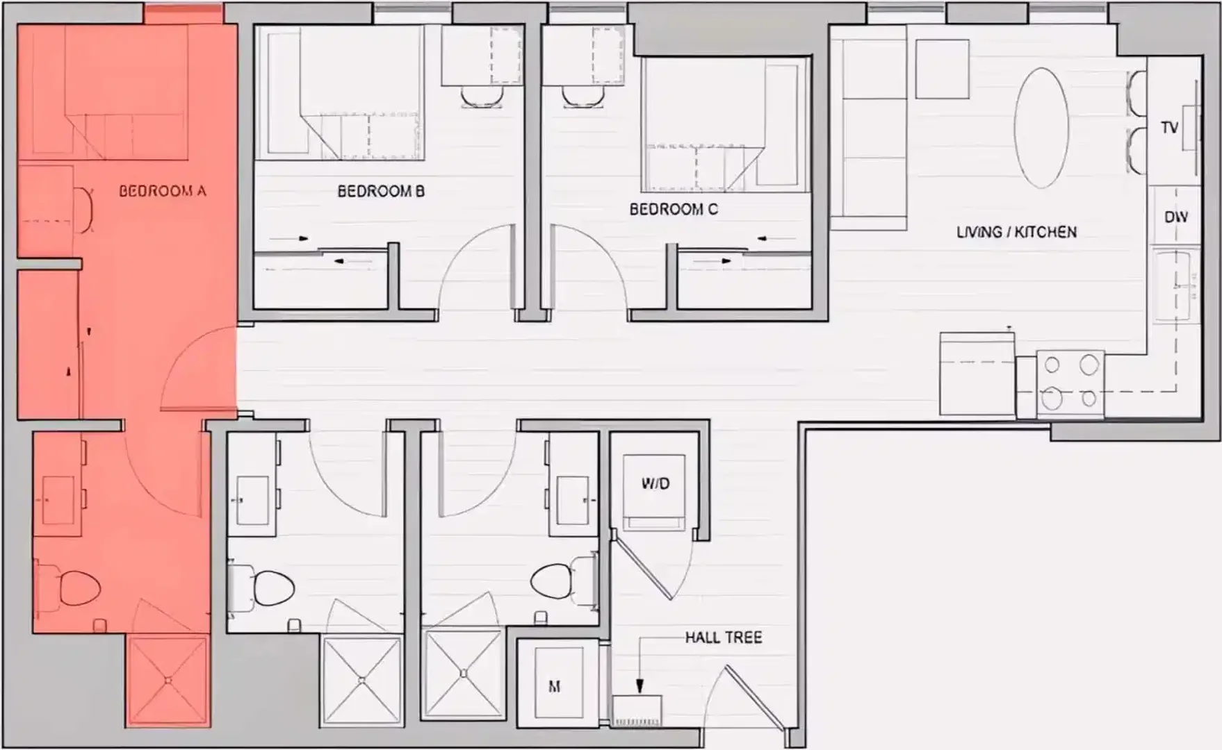 Studentenzimmer in  mit Arbeitsbereich und Gemeinschaftseinrichtungen