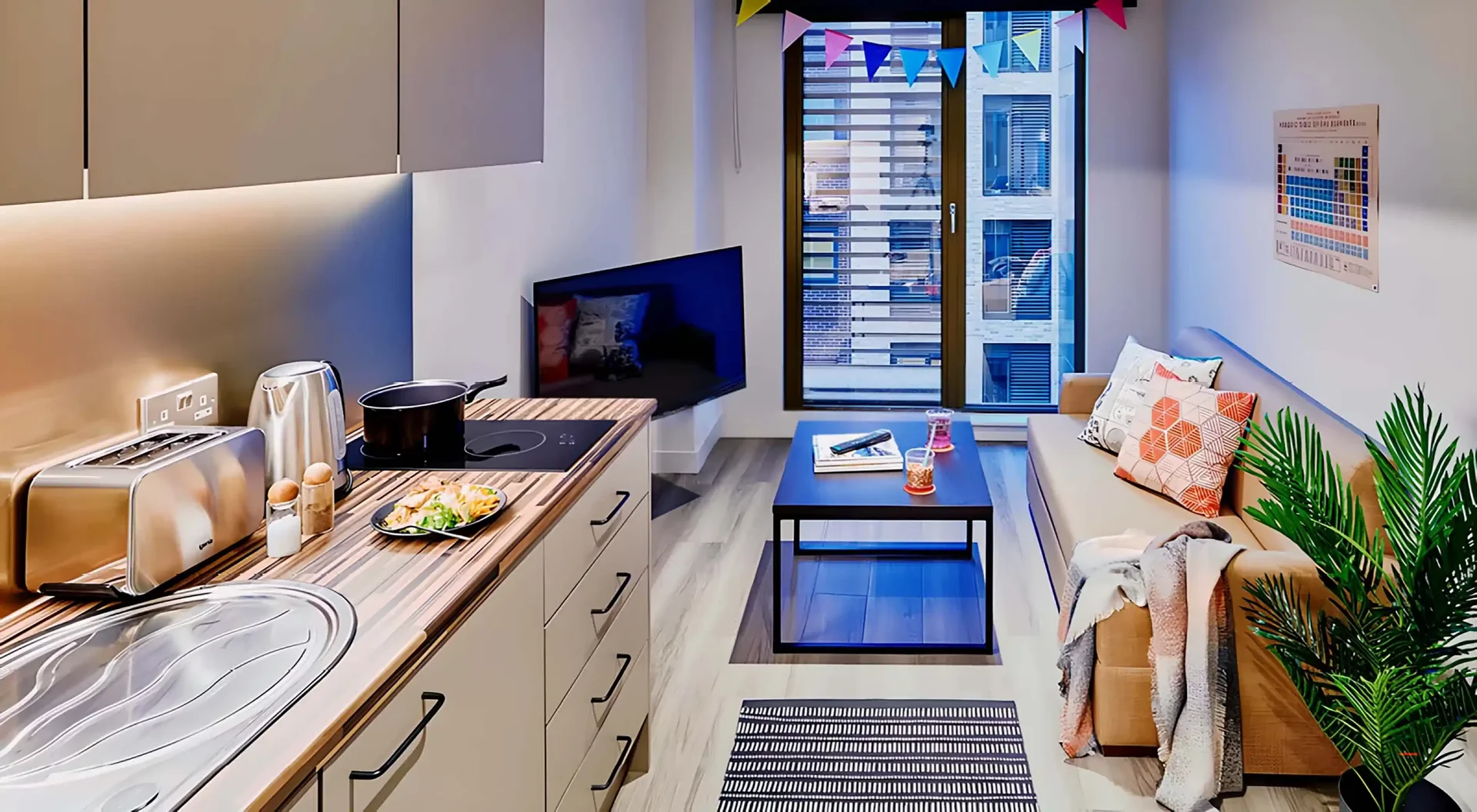 Pokój studencki w  z miejscem do nauki i wspólnymi udogodnieniami