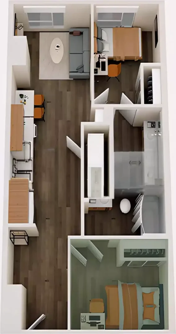 Quarto acessível para estudantes com iluminação ampla em 