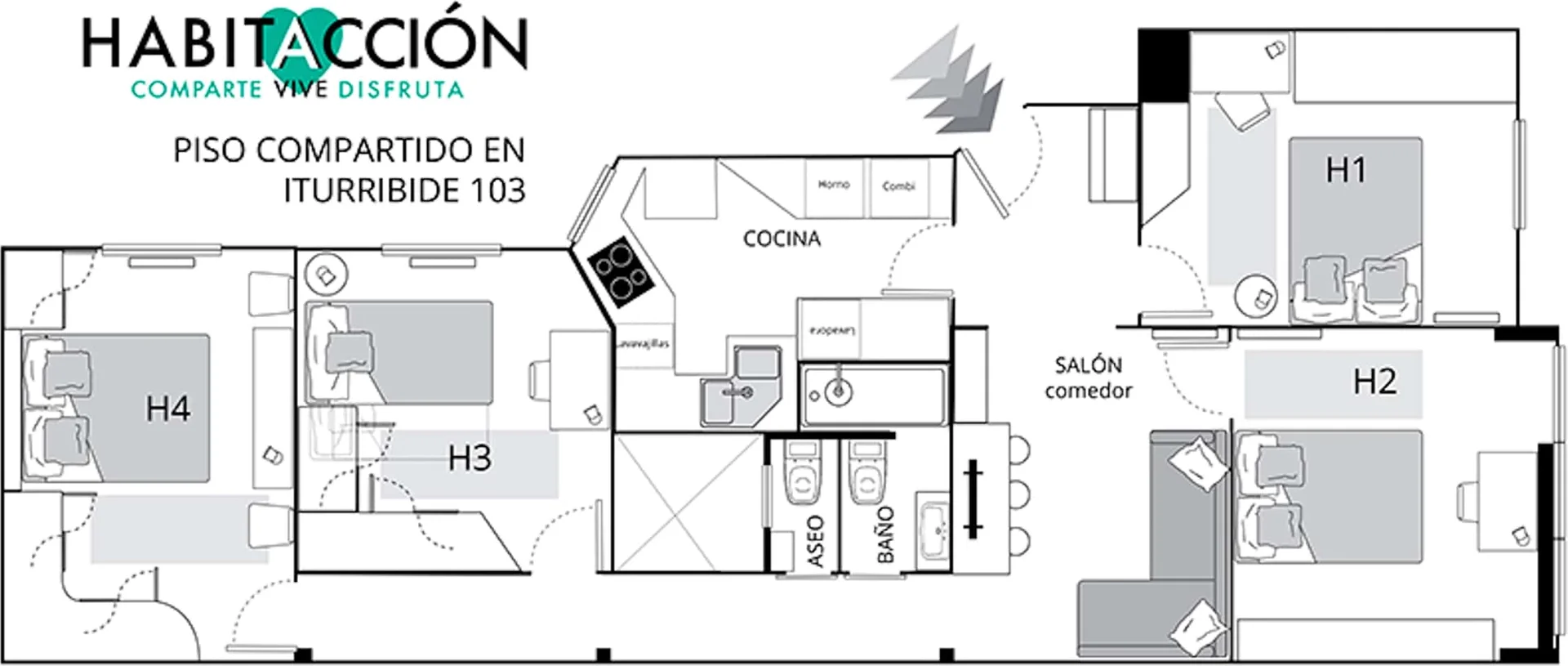 Quarto de estudante em com área de estudo e instalações partilhadas