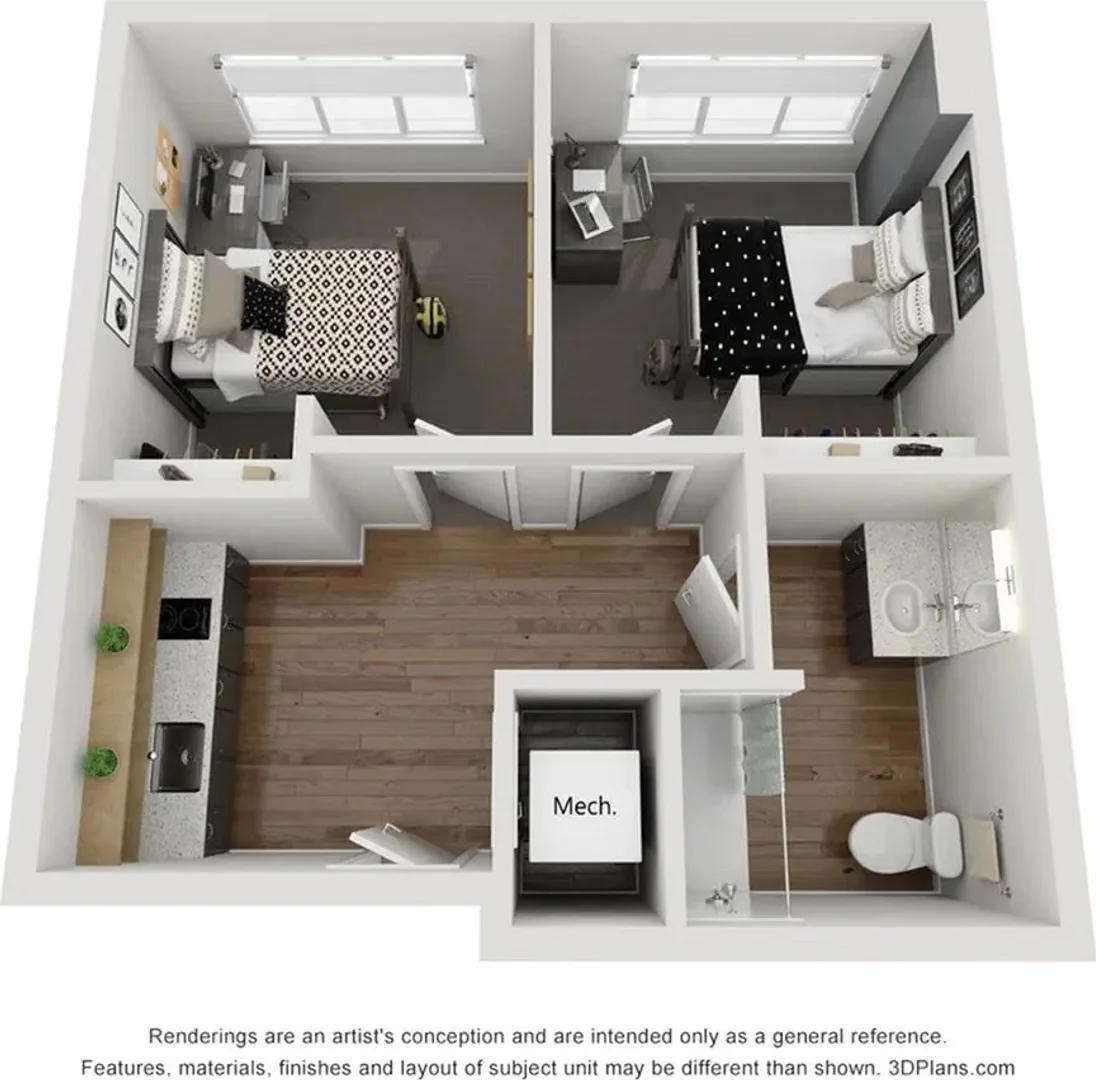 Quarto acessível para estudantes com iluminação ampla em