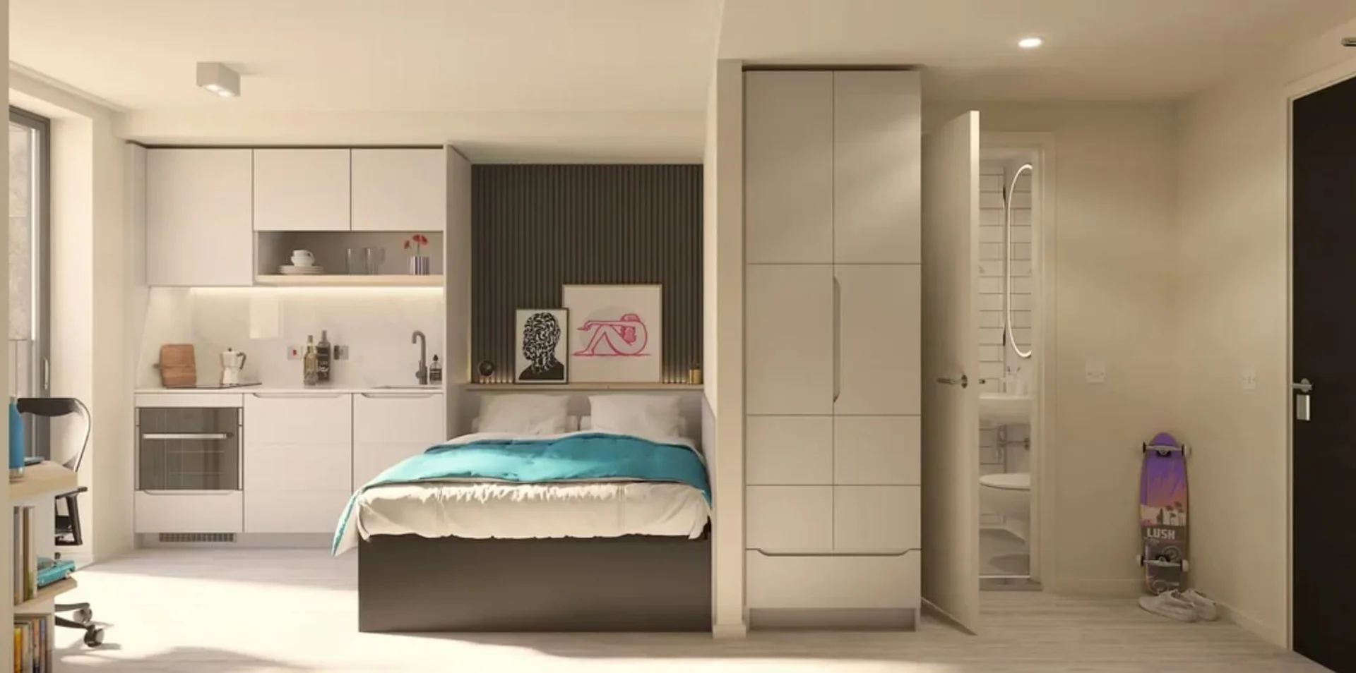 Moderno estudio para estudiantes con todas las comodidades en