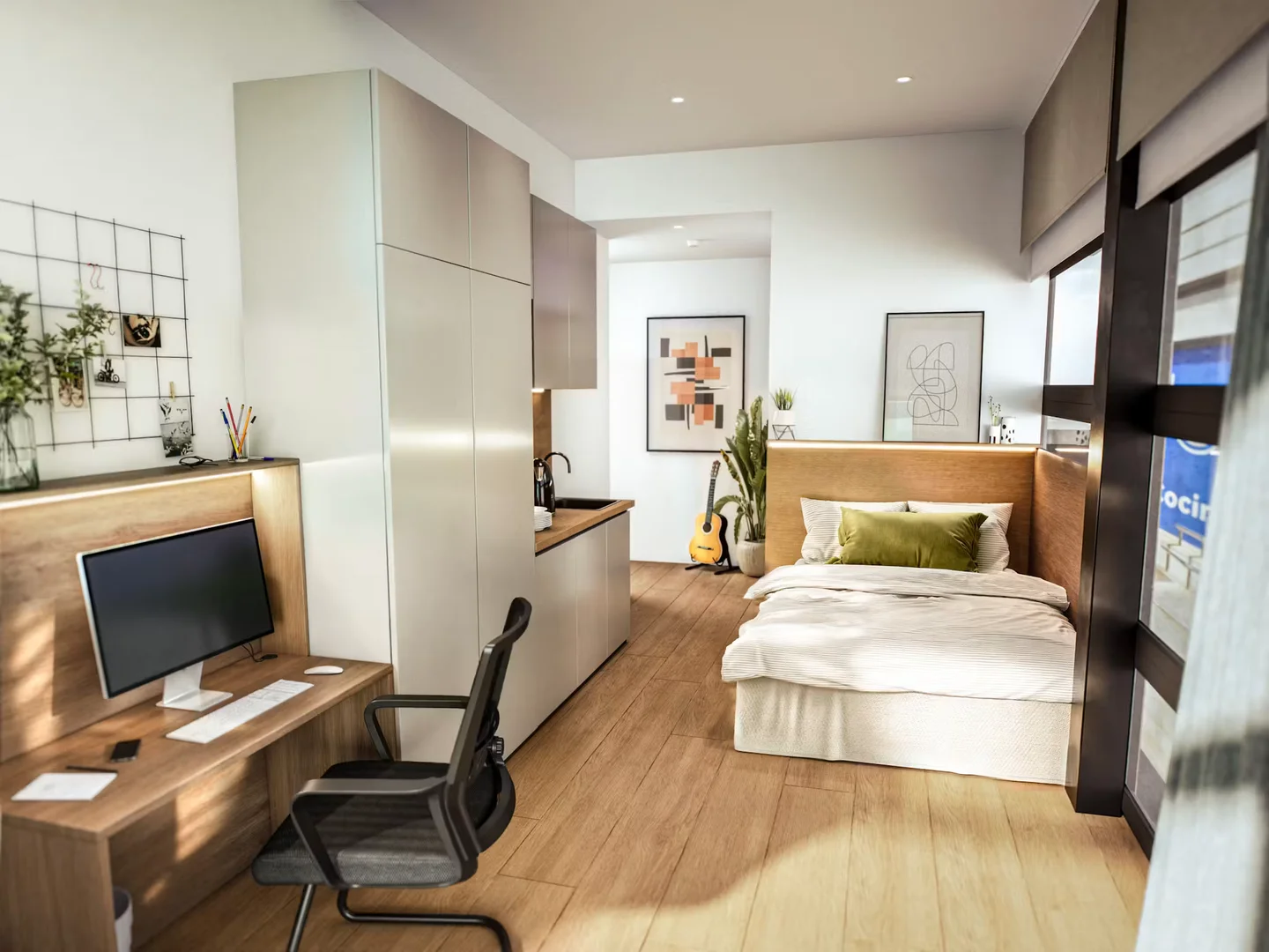 Quarto acessível para estudantes com iluminação ampla em 