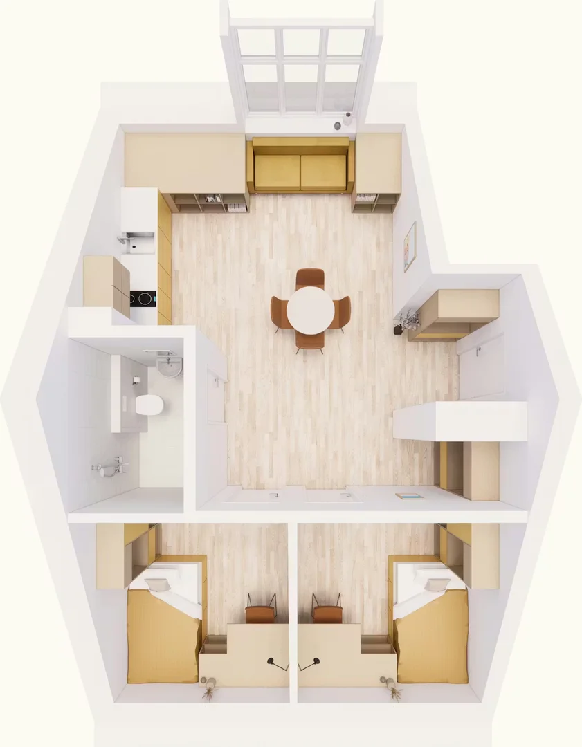 Studentenzimmer in  mit Arbeitsbereich und Gemeinschaftseinrichtungen